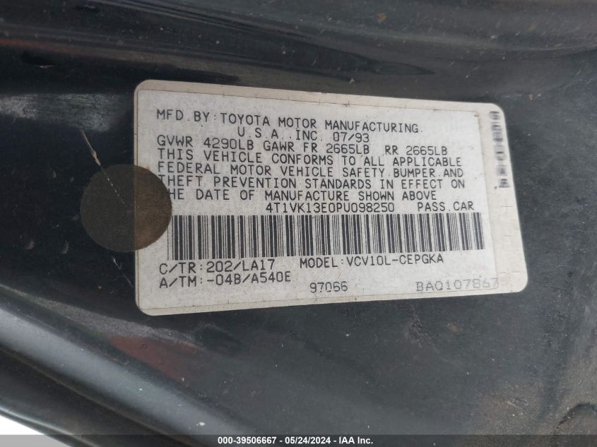 1993 Toyota Camry Xle VIN: 4T1VK13E0PU098250 Lot: 39506667