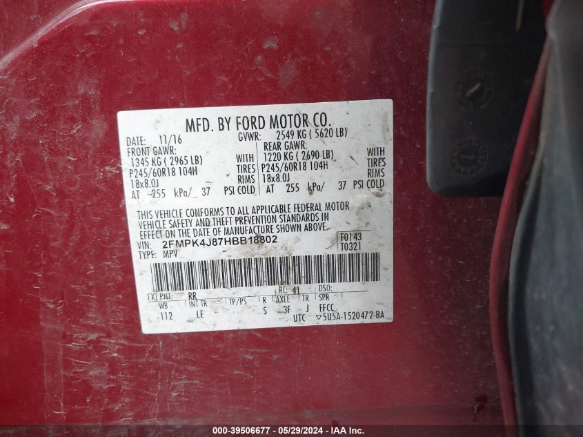 2017 Ford Edge Sel VIN: 2FMPK4J87HBB18802 Lot: 39506677