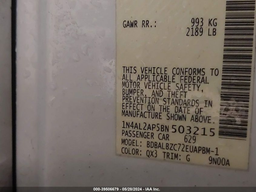 2011 Nissan Altima 2.5 S VIN: 1N4AL2AP5BN503215 Lot: 39506679