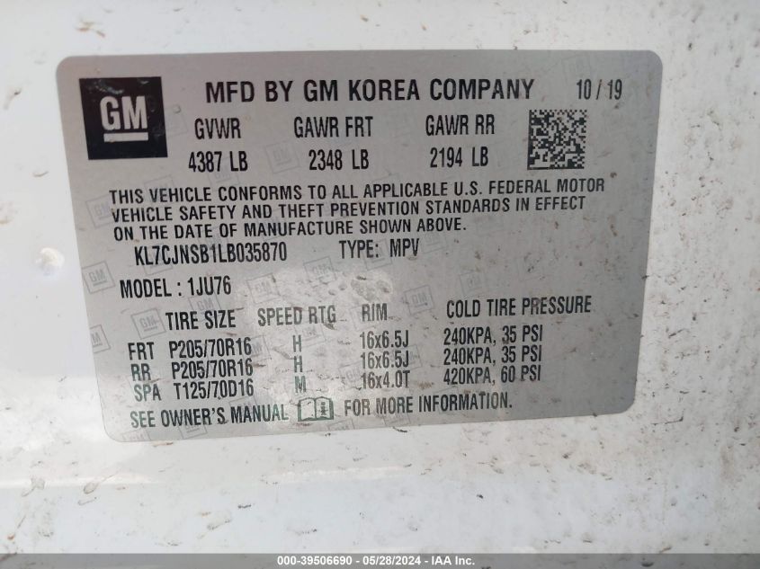 2020 Chevrolet Trax Awd Ls VIN: KL7CJNSB1LB035870 Lot: 39506690