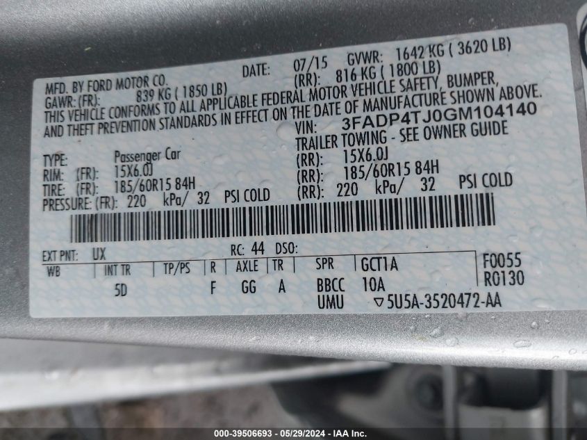 2016 Ford Fiesta S VIN: 3FADP4TJ0GM104140 Lot: 39506693