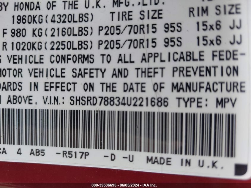 2004 Honda Cr-V Ex VIN: SHSRD78834U221686 Lot: 39506695