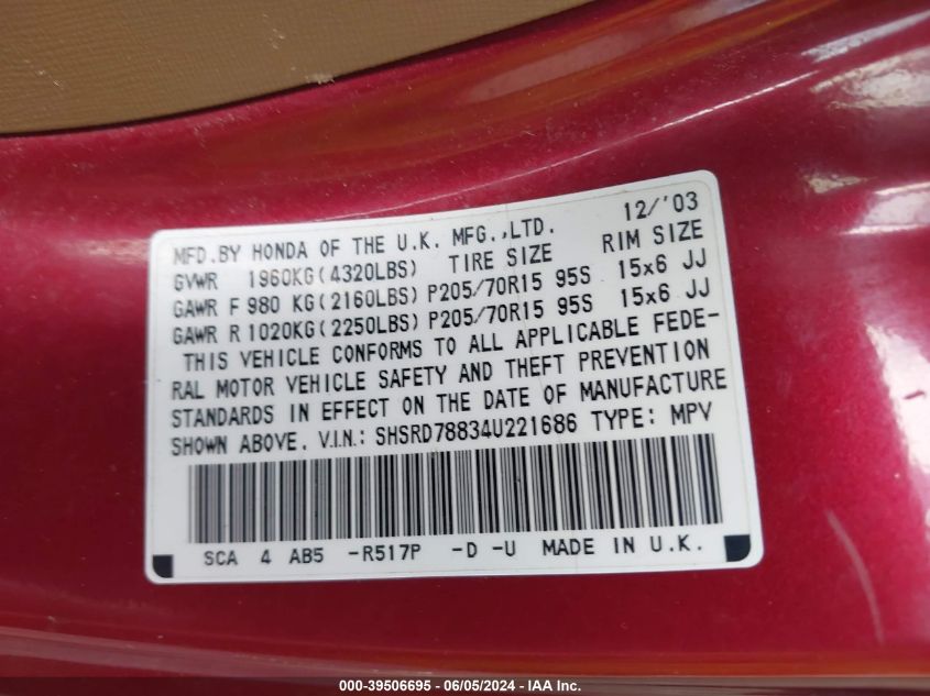2004 Honda Cr-V Ex VIN: SHSRD78834U221686 Lot: 39506695