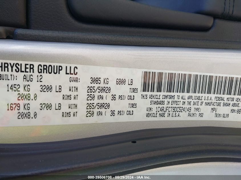 2013 Jeep Grand Cherokee Overland VIN: 1C4RJFCT9DC524149 Lot: 39506708