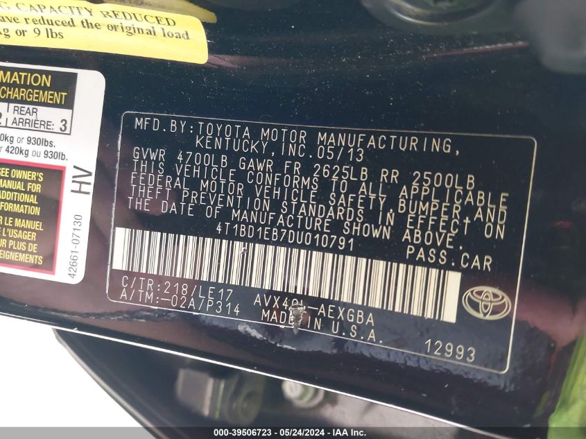 2013 Toyota Avalon Hybrid Xle Touring VIN: 4T1BD1EB7DU010791 Lot: 39506723