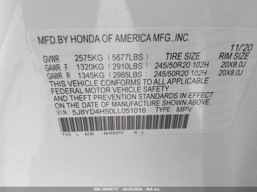 2020 Acura Mdx Technology Package VIN: 5J8YD4H50LL051016 Lot: 39506727