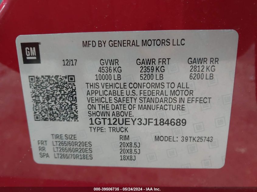 2018 GMC Sierra 2500Hd Denali VIN: 1GT12UEY3JF184689 Lot: 39506735