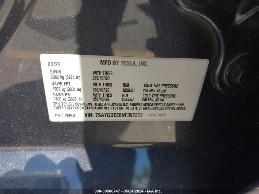 2022 Tesla Model Y Long Range Dual Motor All-Wheel Drive VIN: 7SAYGDEE6NF387272 Lot: 39506747