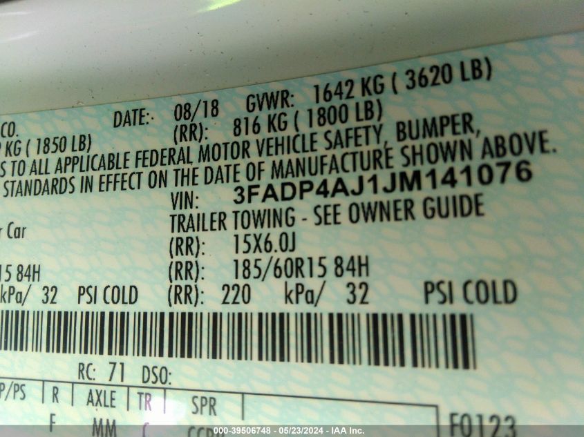 2018 Ford Fiesta S VIN: 3FADP4AJ1JM141076 Lot: 39506748