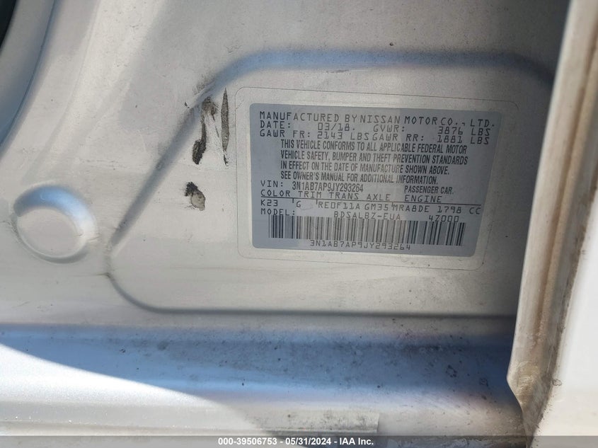 2018 Nissan Sentra S VIN: 3N1AB7AP9JY293264 Lot: 39506753