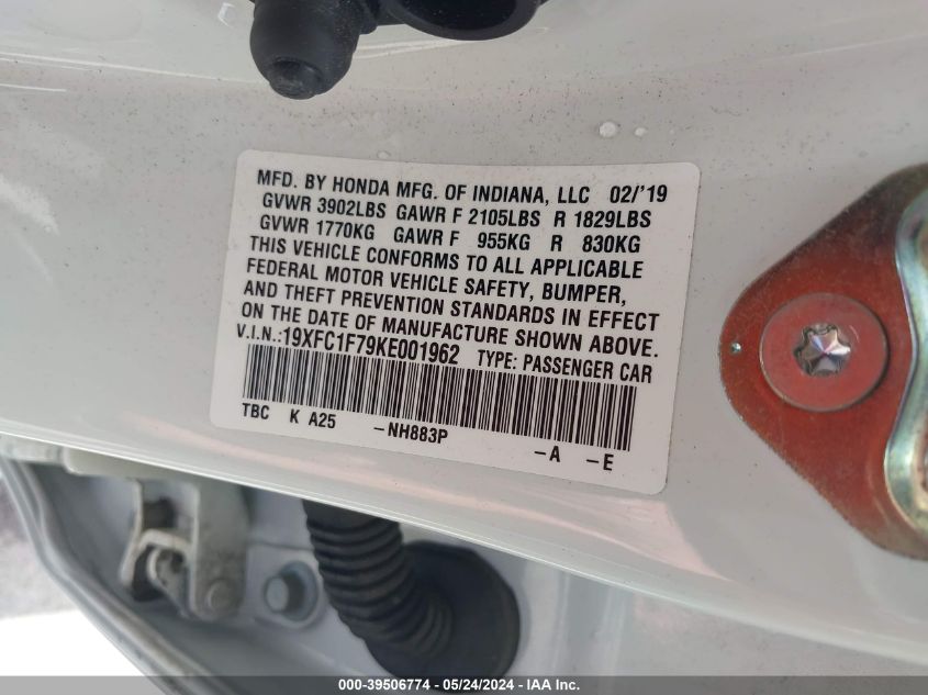 2019 Honda Civic Ex-L VIN: 19XFC1F79KE001962 Lot: 39506774