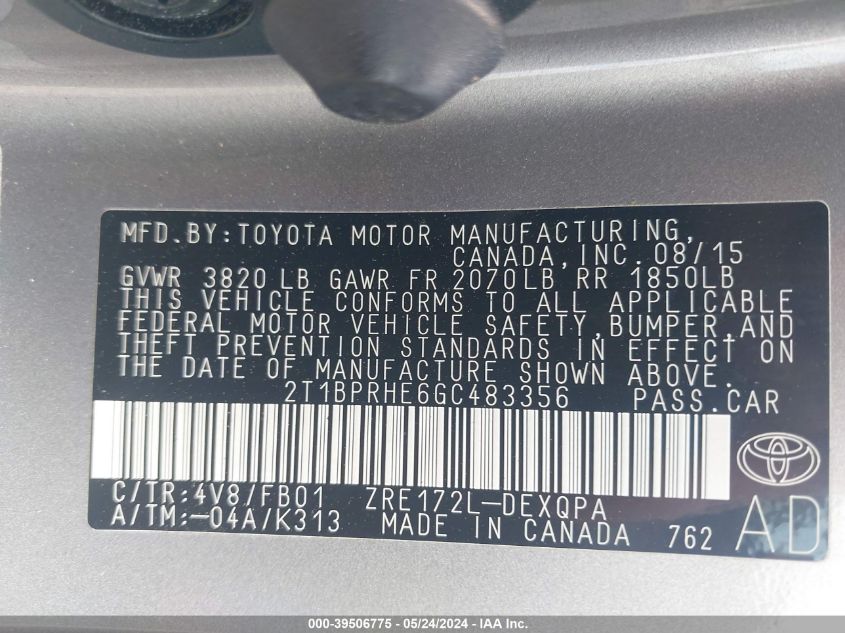 2016 Toyota Corolla Le Eco VIN: 2T1BPRHE6GC483356 Lot: 39506775