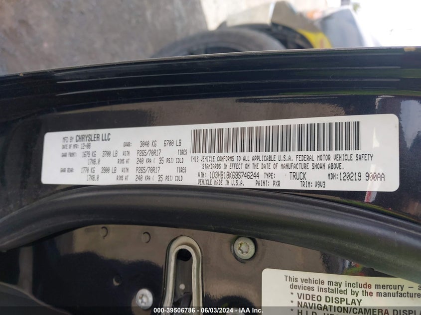 2009 Dodge Ram 1500 VIN: 1D3HB18K69S746244 Lot: 39506786