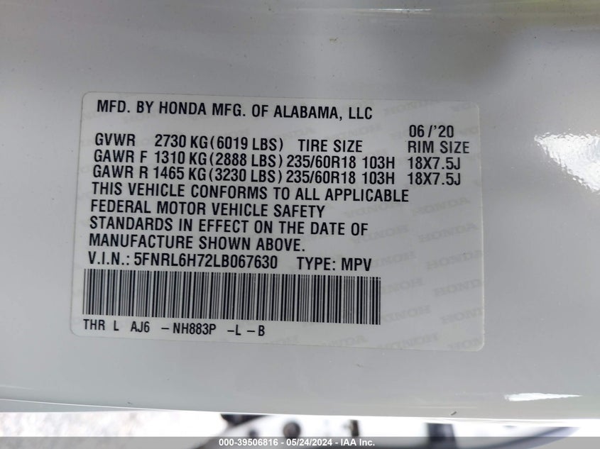 2020 Honda Odyssey Ex-L/Ex-L W/Navi Res VIN: 5FNRL6H72LB067630 Lot: 39506816