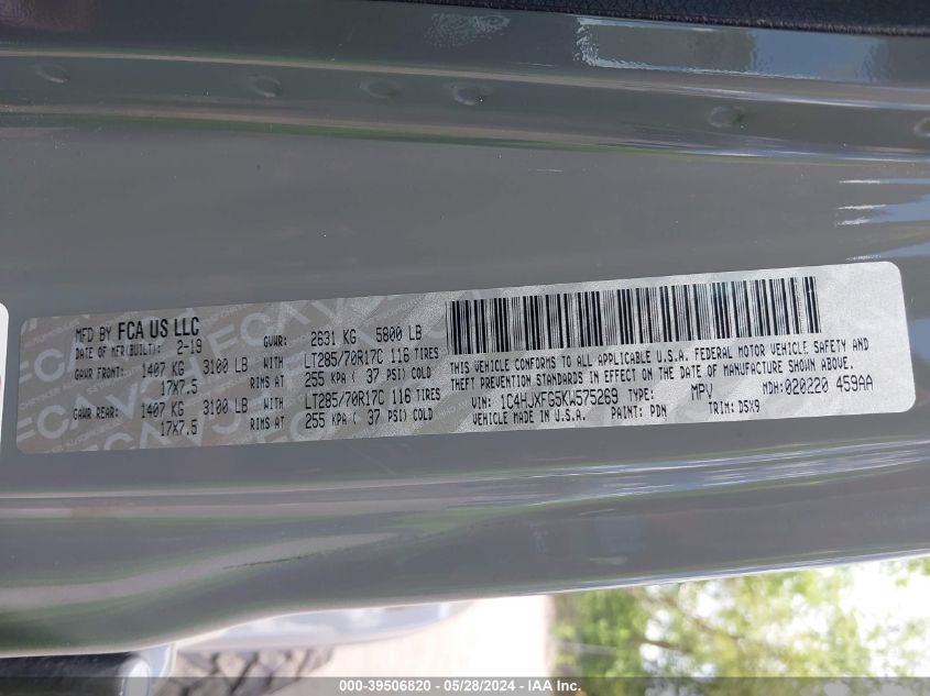 2019 Jeep Wrangler Unlimited Rubicon 4X4 VIN: 1C4HJXFG5KW575269 Lot: 39506820