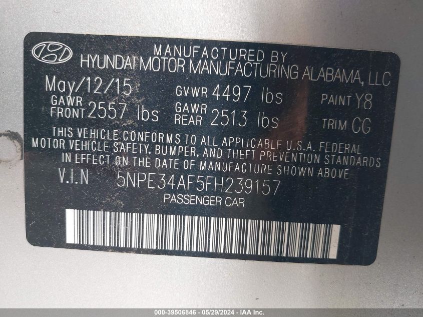 2015 Hyundai Sonata Sport VIN: 5NPE34AF5FH239157 Lot: 39506846