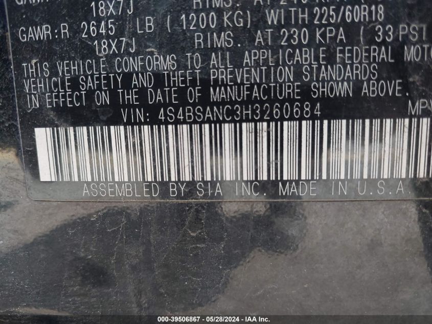 2017 Subaru Outback 2.5I Limited VIN: 4S4BSANC3H3260684 Lot: 39506867