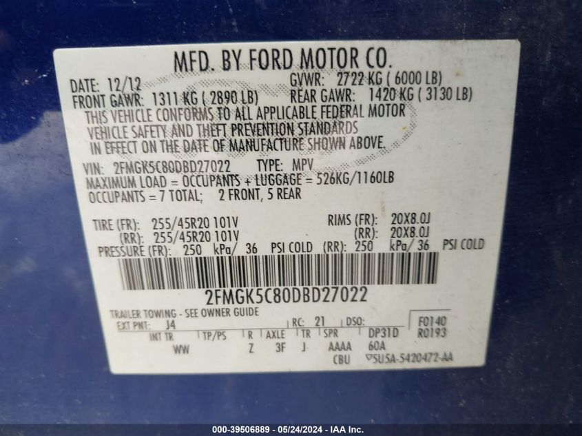 2013 Ford Flex Sel VIN: 2FMGK5C80DBD27022 Lot: 39506889