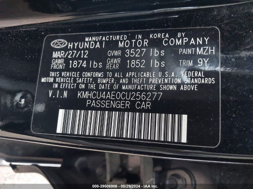 2012 Hyundai Accent Gls VIN: KMHCU4AE0CU256277 Lot: 39506906