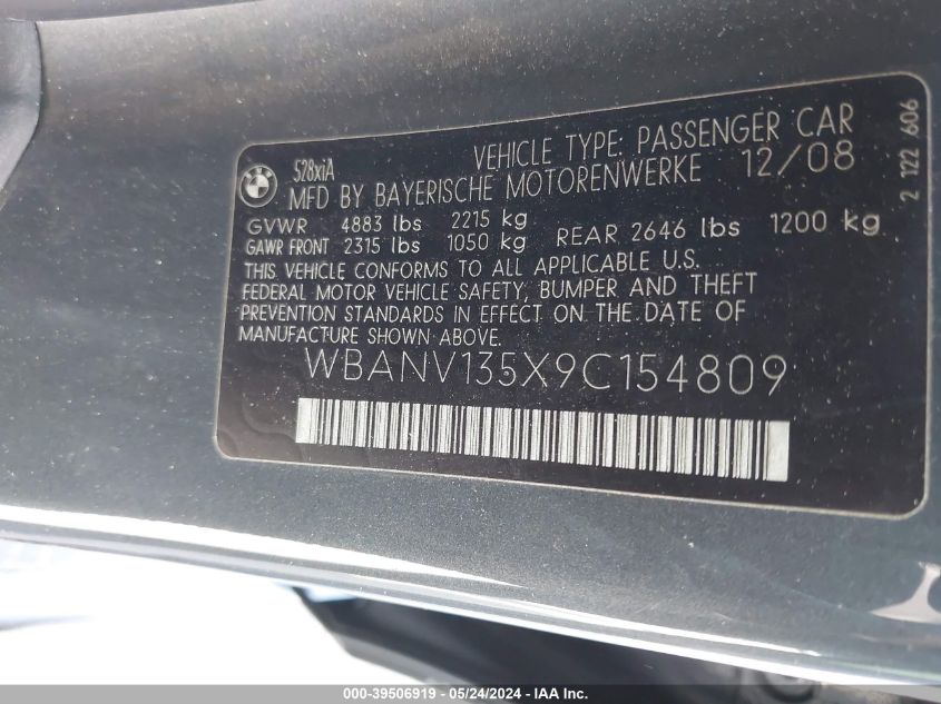 2009 BMW 528I xDrive VIN: WBANV135X9C154809 Lot: 39506919