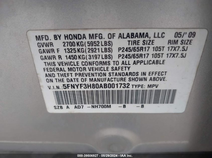 2010 Honda Pilot Touring VIN: 5FNYF3H80AB001732 Lot: 39506927