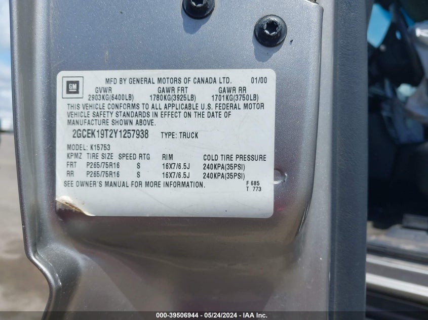 2000 Chevrolet Silverado 1500 Lt VIN: 2GCEK19T2Y1257938 Lot: 39506944