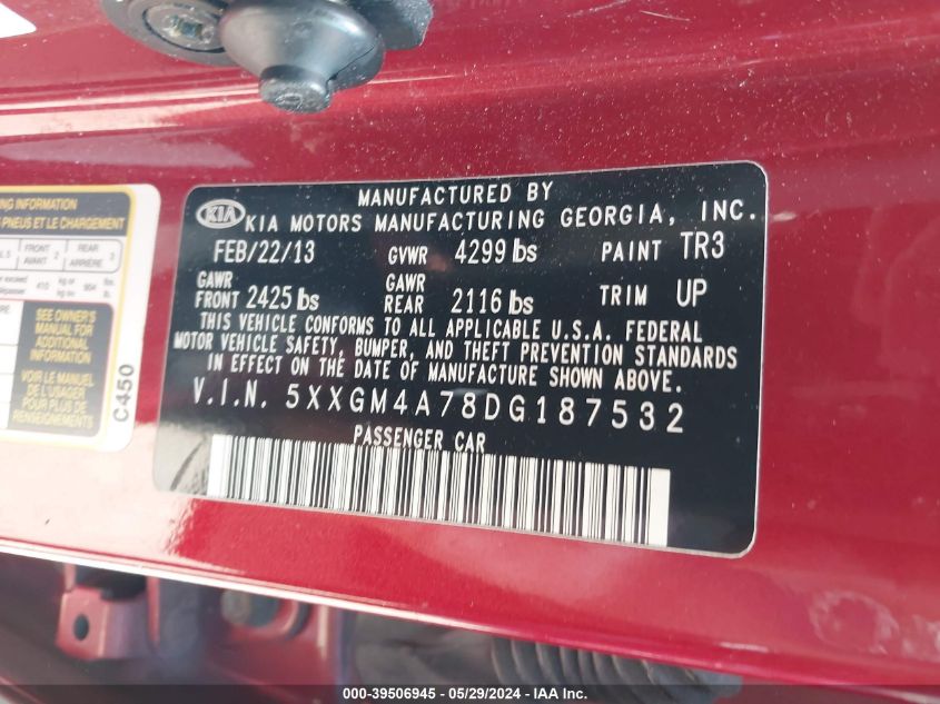 2013 Kia Optima Lx VIN: 5XXGM4A78DG187532 Lot: 39506945