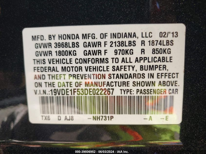 2013 Acura Ilx 2.0L VIN: 19VDE1F53DE022267 Lot: 39506952