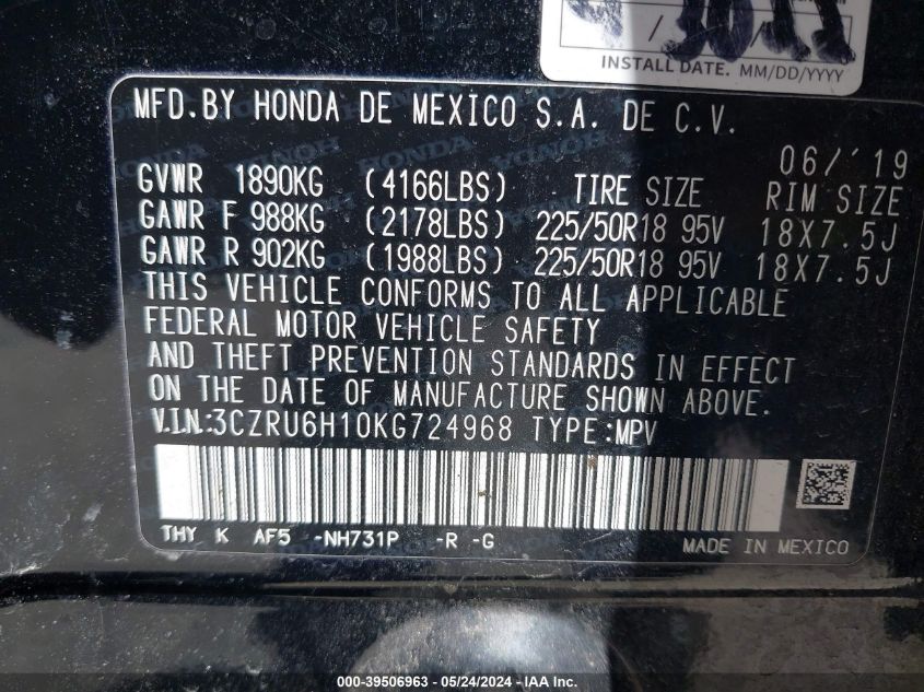 2019 Honda Hr-V Sport VIN: 3CZRU6H10KG724968 Lot: 39506963