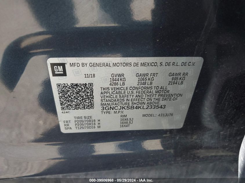 2019 Chevrolet Trax Ls VIN: 3GNCJKSB4KL233543 Lot: 39506968