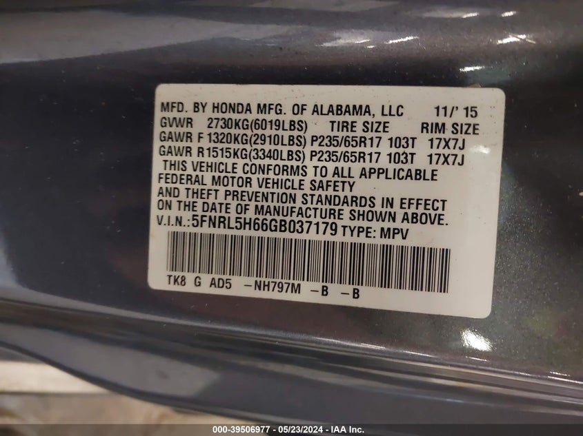 2016 Honda Odyssey Ex-L VIN: 5FNRL5H66GB037179 Lot: 39506977