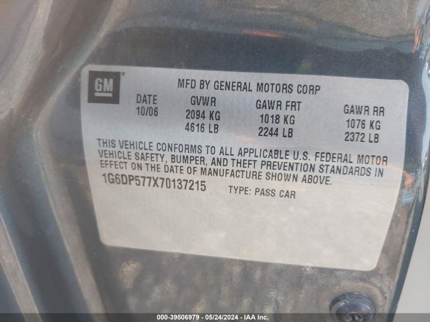 2007 Cadillac Cts Standard VIN: 1G6DP577X70137215 Lot: 39506979