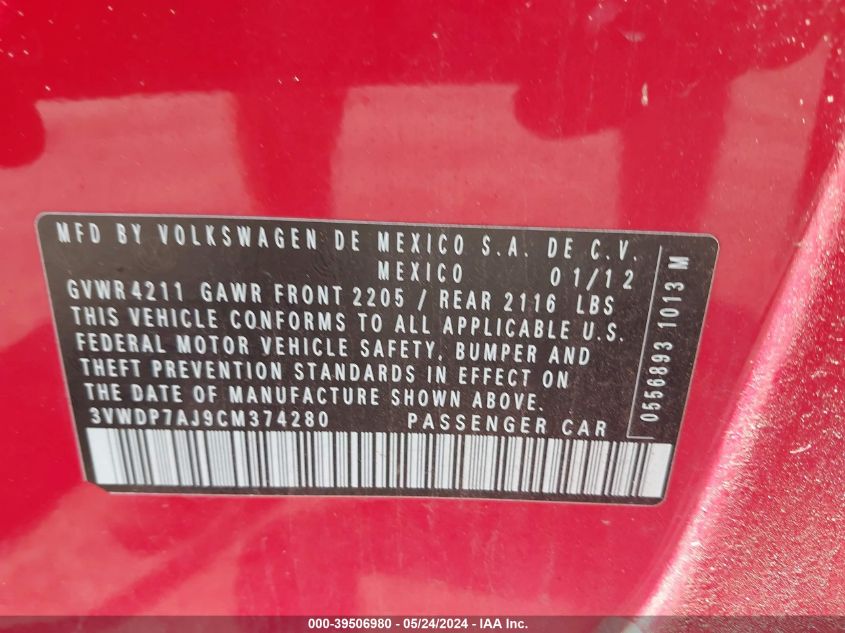 2012 Volkswagen Jetta 2.5L Se VIN: 3VWDP7AJ9CM374280 Lot: 39506980