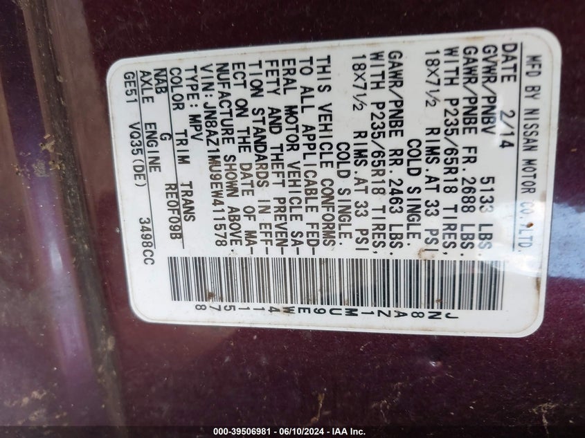 2014 Nissan Murano Sv VIN: JN8AZ1MU9EW411578 Lot: 39506981