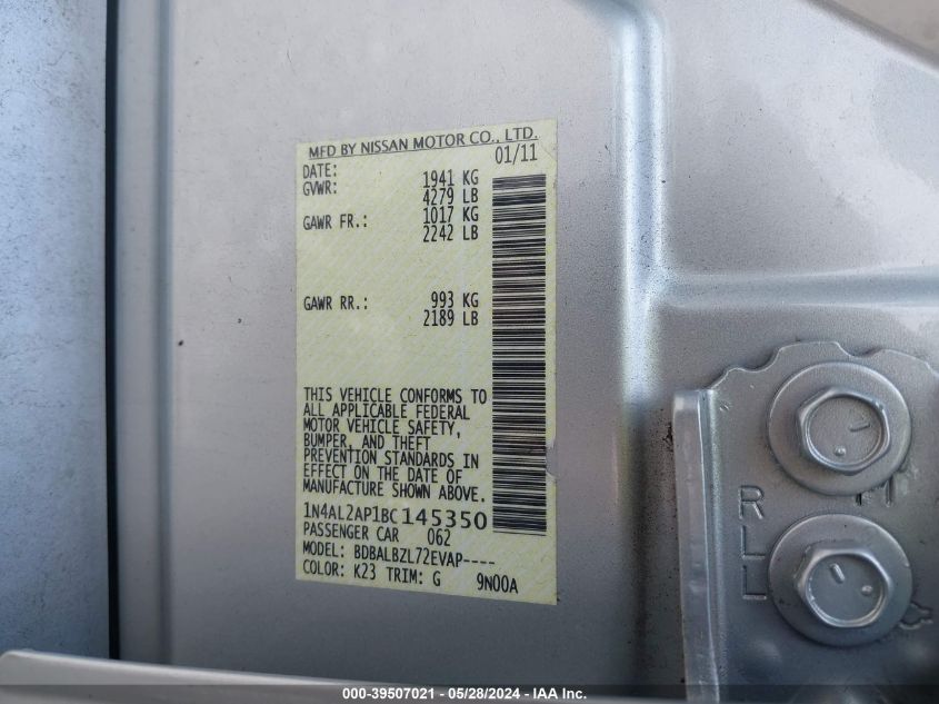 2011 Nissan Altima 2.5 S VIN: 1N4AL2AP1BC145350 Lot: 39507021