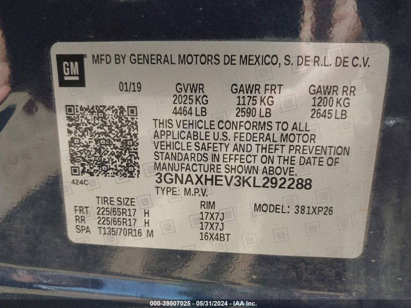 2019 CHEVROLET EQUINOX LS - 3GNAXHEV3KL292288