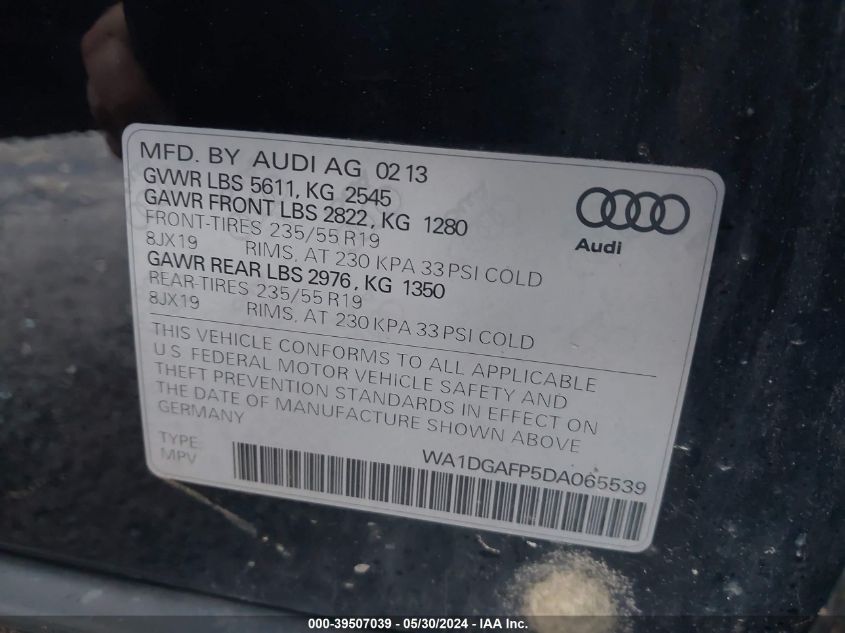 2013 Audi Q5 3.0T Premium Plus VIN: WA1DGAFP5DA065539 Lot: 39507039