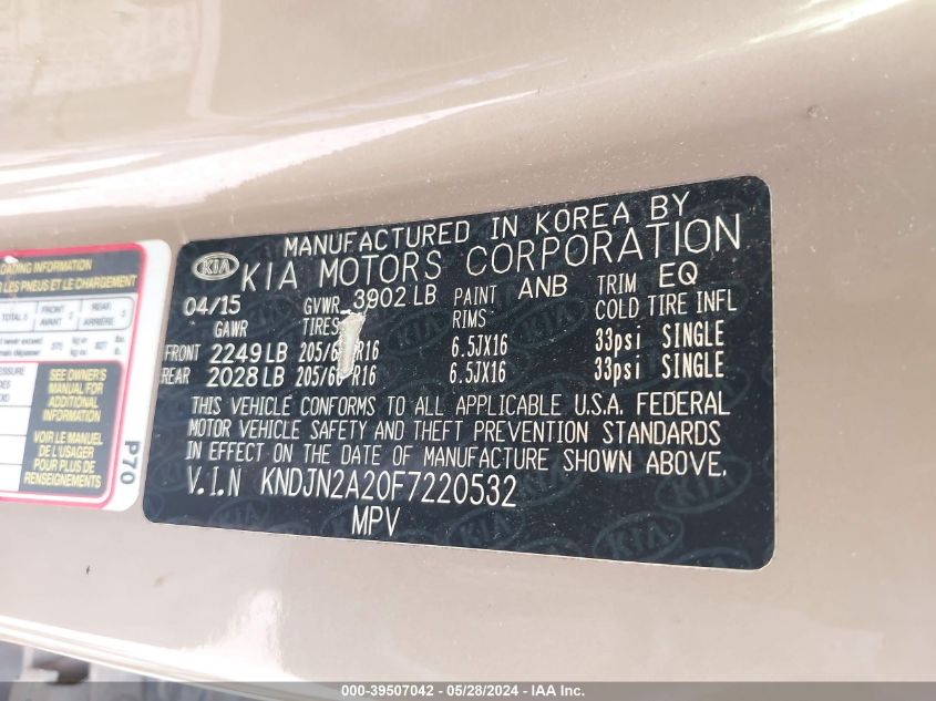 2015 Kia Soul VIN: KNDJN2A20F7220532 Lot: 39507042