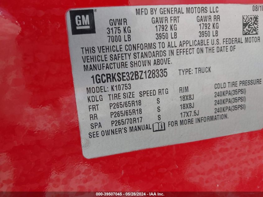 2011 Chevrolet Silverado 1500 Lt VIN: 1GCRKSE32BZ128335 Lot: 39507045