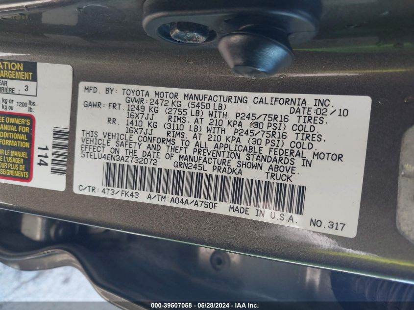 2010 Toyota Tacoma Base V6 VIN: 5TELU4EN3AZ732072 Lot: 39507058