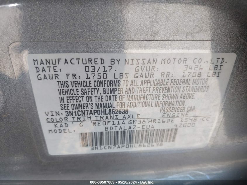 2017 Nissan Versa 1.6 S+ VIN: 3N1CN7AP0HL862638 Lot: 39507069