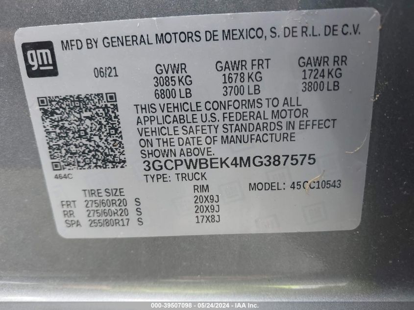 2021 Chevrolet Silverado 1500 Custom VIN: 3GCPWBEK4MG387575 Lot: 39507098