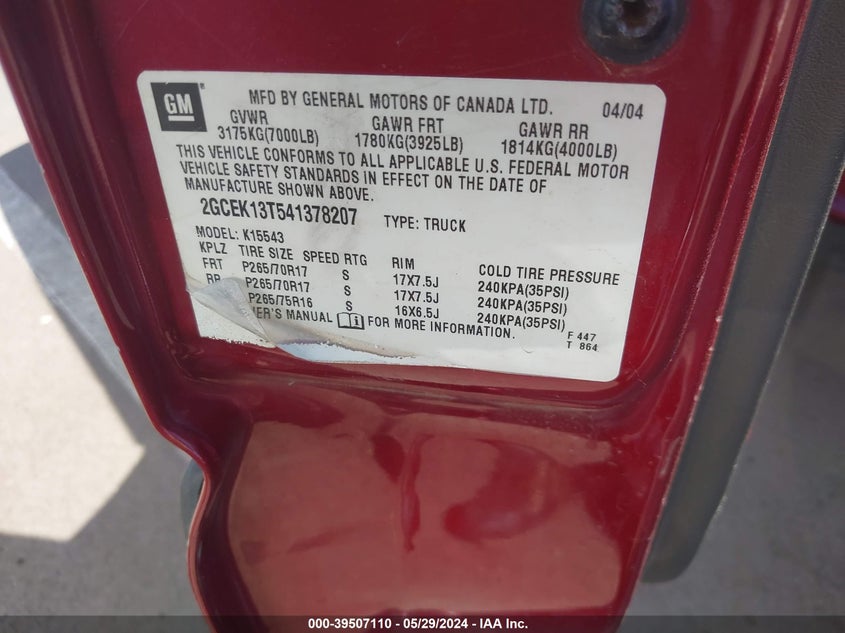 2004 Chevrolet Silverado 1500 Z71 VIN: 2GCEK13T541378207 Lot: 39507110