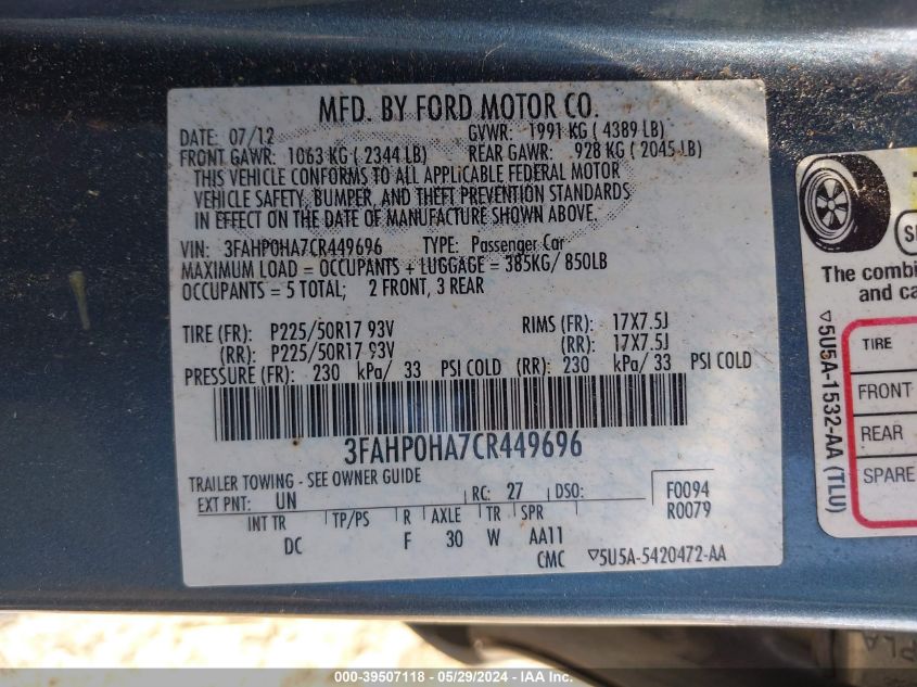 2012 Ford Fusion Se VIN: 3FAHP0HA7CR449696 Lot: 39507118