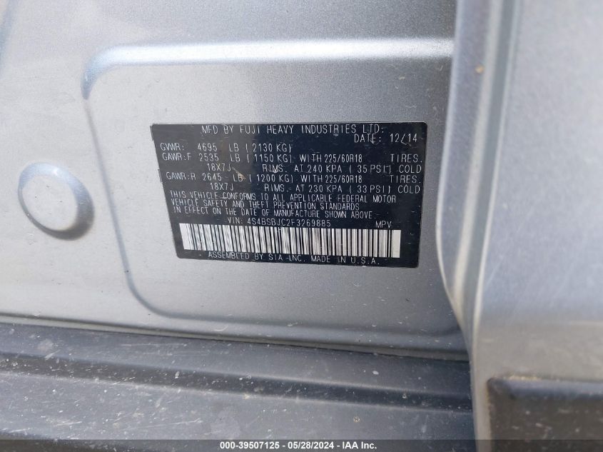 2015 Subaru Outback 2.5I Limited VIN: 4S4BSBJC2F3269885 Lot: 39507125