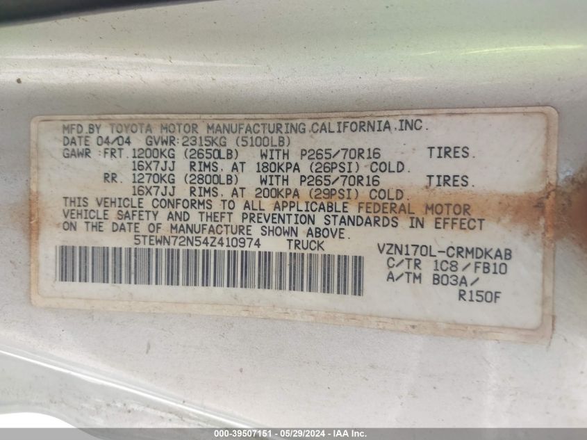 2004 Toyota Tacoma Base V6 VIN: 5TEWN72N54Z410974 Lot: 39507151