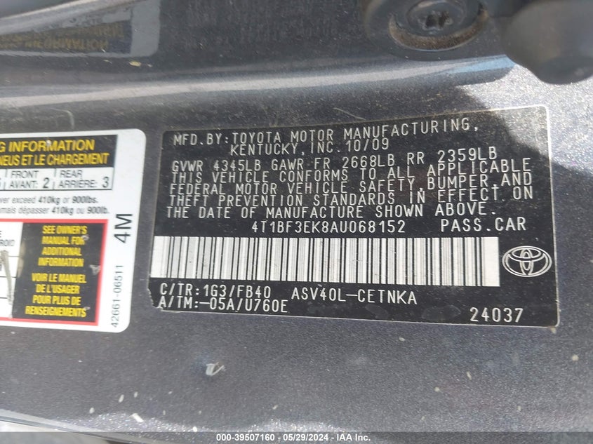 2010 Toyota Camry Le VIN: 4T1BF3EK8AU068152 Lot: 39507160