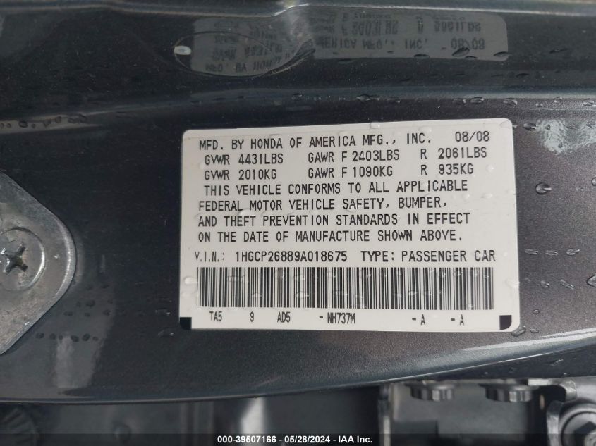 2009 Honda Accord 2.4 Ex-L VIN: 1HGCP26889A018675 Lot: 39507166