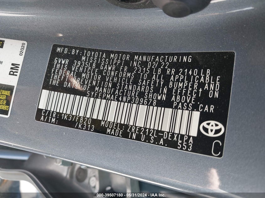 VIN 5YFEPMAE4NP309678 2022 TOYOTA COROLLA LE
