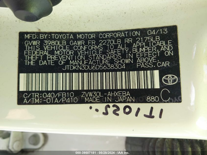 2013 Toyota Prius VIN: JTDKN3DU6D5638304 Lot: 39507181